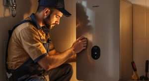 plumber servicing a home boiler